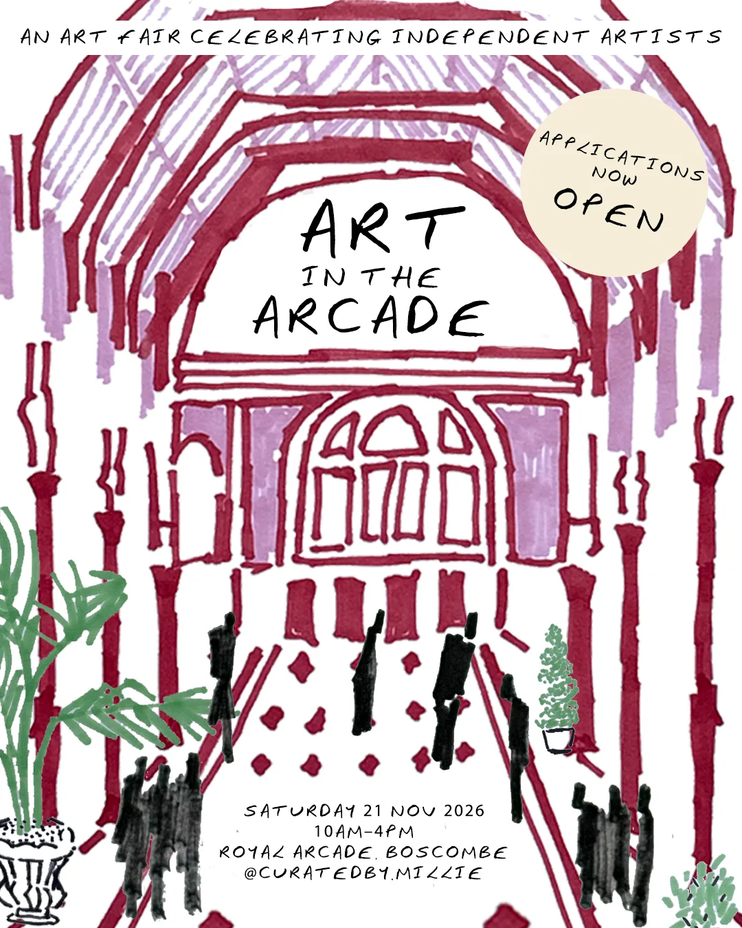 Hand-drawn poster for Art in the Arcade showing the Royal Arcade's glass roof in red and lilac, with the date Saturday 21 Nov 2026, 10am to 4pm, Royal Arcade, Boscombe