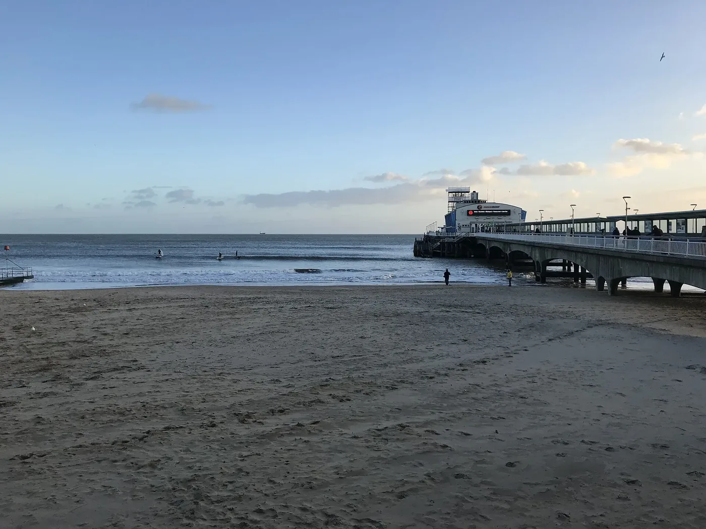 Bournemouth beach and pier. The pier is open 9am to 11pm seven days a week and costs nothing to walk on
