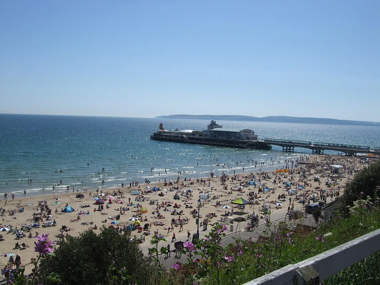 Bournemouth Pier and the beach from the cliff top. Run Bournemouth finishes at Pier Approach on 10 and 11 October